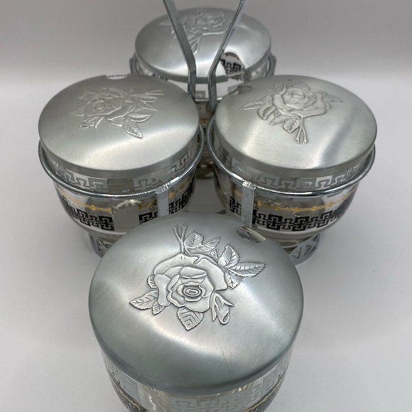 Libby Glass MCM 7pc condiment caddy set. Vintage glass w/ aluminum lids. - Picture 8 of 15